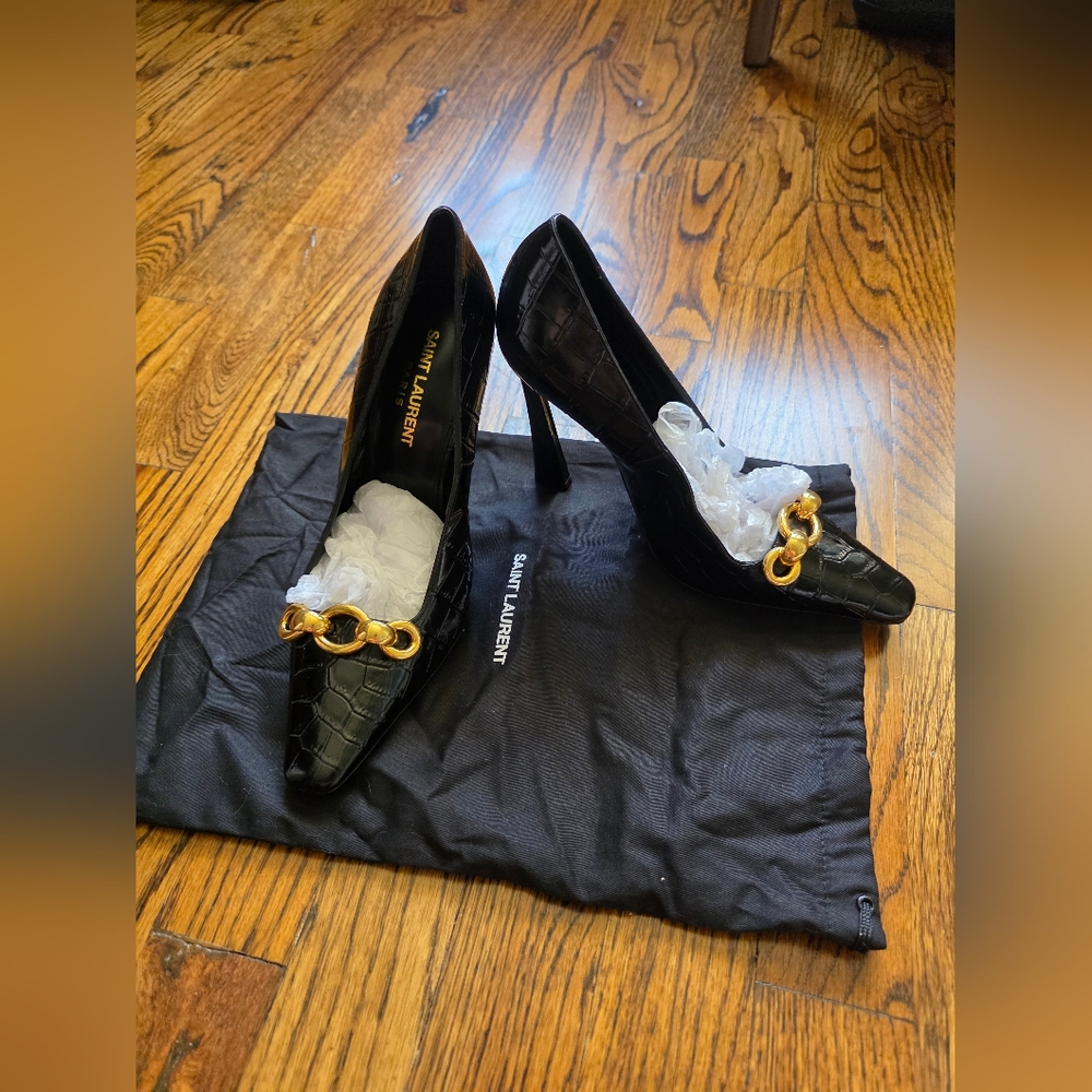 Yves Saint Laurent Black and Gold Stiletto Heels